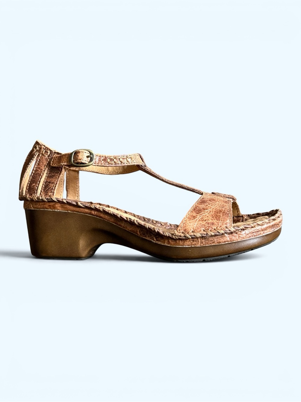 ARIAT Shalimar Tan Brown Leather T-Strap Wedge Sandal Size 8.5 Women